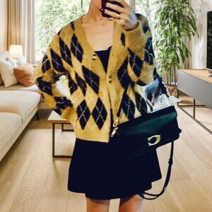 New Tan and Black Argyle Print Button Down Cardigan ASOS Size Medium